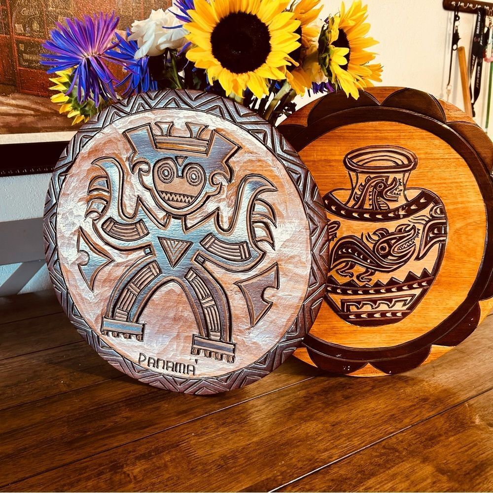 2 Wooden Handcarved‎ Wall Hanging  FROM PANAMA HANDMADE